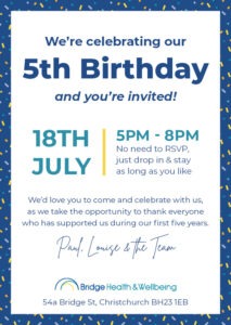 5th Birthday Invitation to Bridge Health & Wellbeing in Christchurch, Dorset